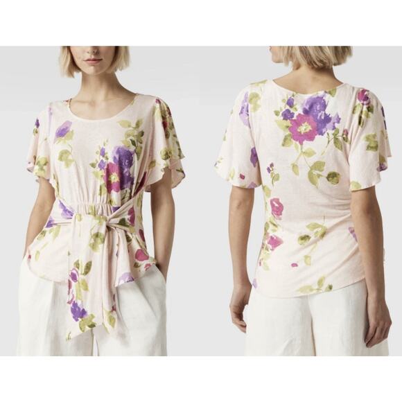 Lauren Ralph Lauren Black Label Linen Blend Pink Floral Flutter Sleeve Sz Small - Picture 1 of 6